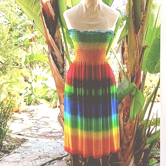 Rainbow Y2K Dress Beach Coverup Multicolor Sz S/M Hippie Festival Gypsy Striped - Picture 1 of 7